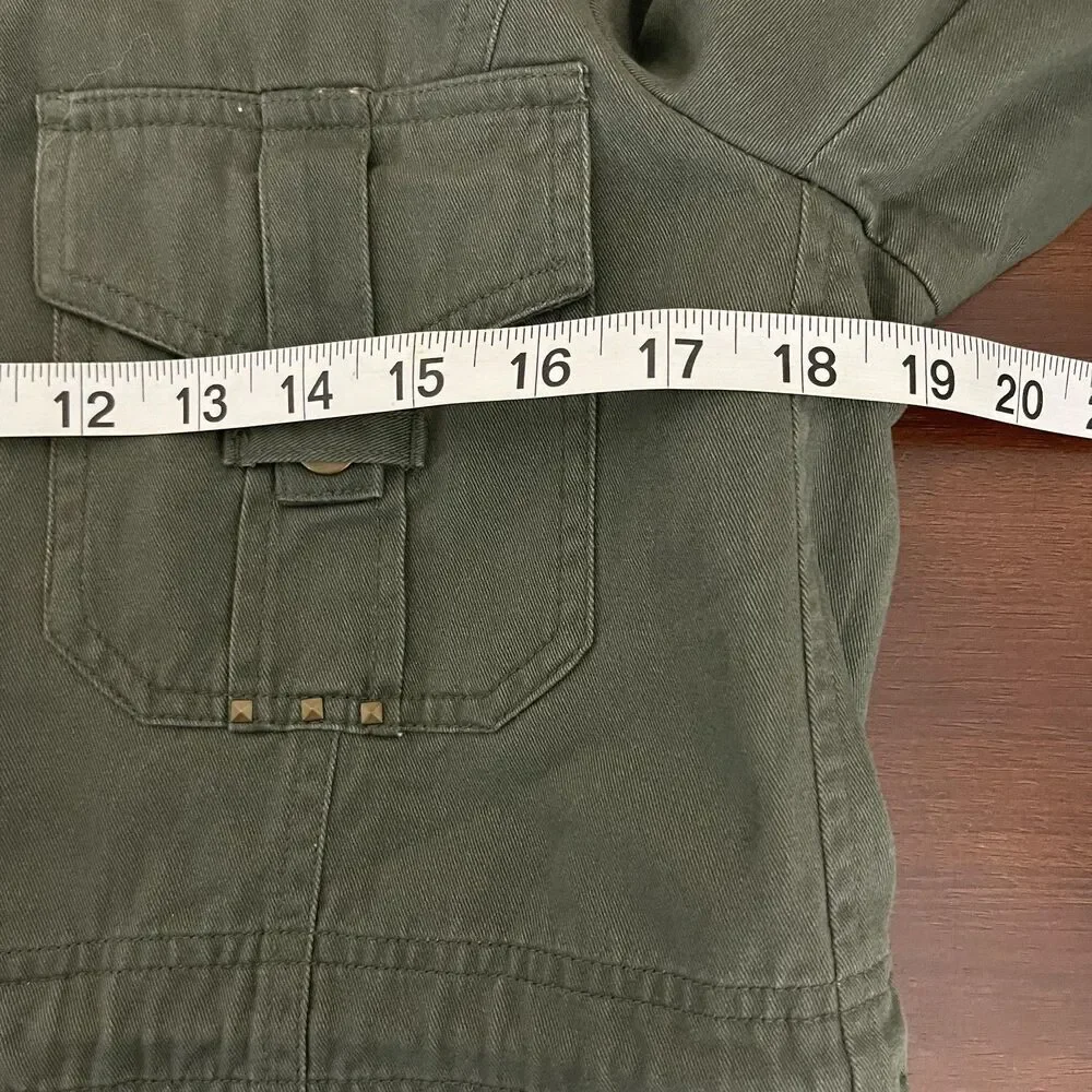 Democracy Jacket Womens M‎ Green 100% Cotton Military Snap Front Studded Lace Up